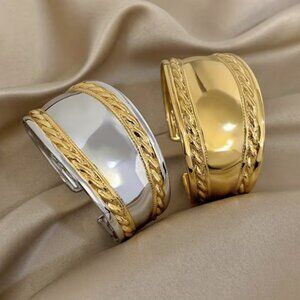 Luxury Elegant Twisted Wide Curved Stainless Steel Open Bracelet Bangle